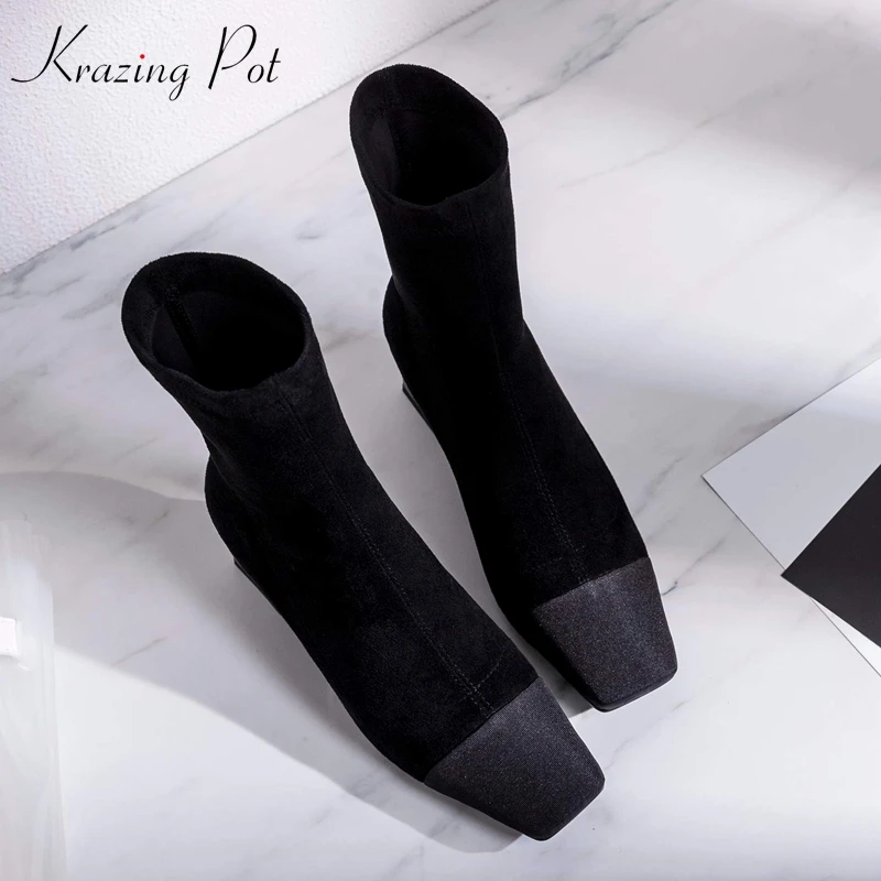 

Krazing Pot 2018 high quality flock med heel British basic boots mixed color Winter stretch slip on square toe ankle boots L12