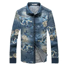 Мужские джинсовые рубашки с цветочным принтом, приталенные, с длинными рукавами, плюс размер 5XL, повседневные Camisetas Masculinas, хлопковая Классическая мужская рубашка F2012