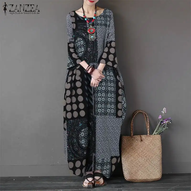 

2019 Autumn Vintage Print Maxi Long Dress ZANZEA Women 3/4 Batwing Sleeve Cotton Linen Vestido Kaftan Robe Femme Party Sundress