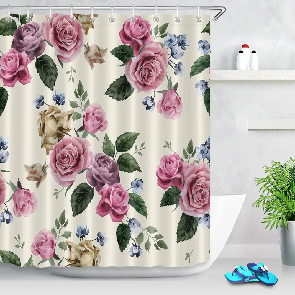 LB Floral with Pink Roses on Light Fabric Watercolor Shower Curtain