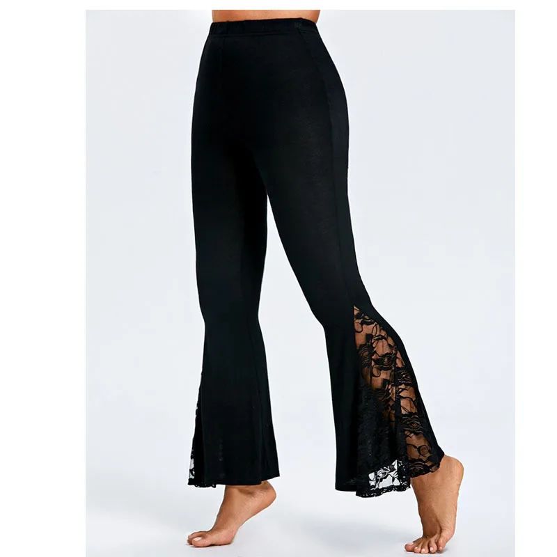 

Black lace stitching stretch pants flared pants 2019 elastic self-cultivation high waist Casual Pants for Women Elegant Trouser