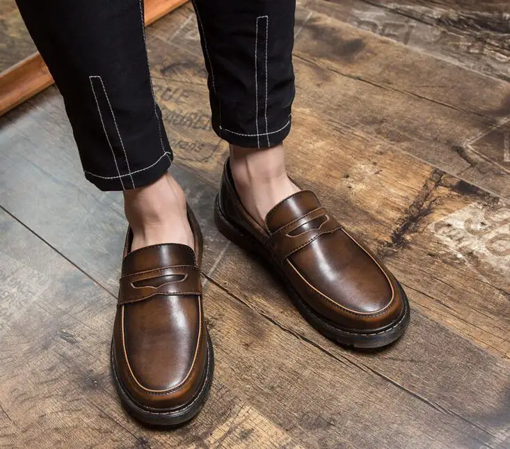 Мужские лоферы из натуральной кожи с круглым носком без застежки; удобная мужская повседневная обувь; H35