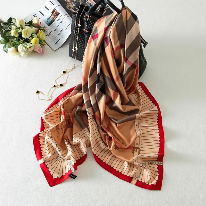 130x130 British Plaid Silk Square Scarf Brand Women Shawls font b Tartan b font Foulard carre