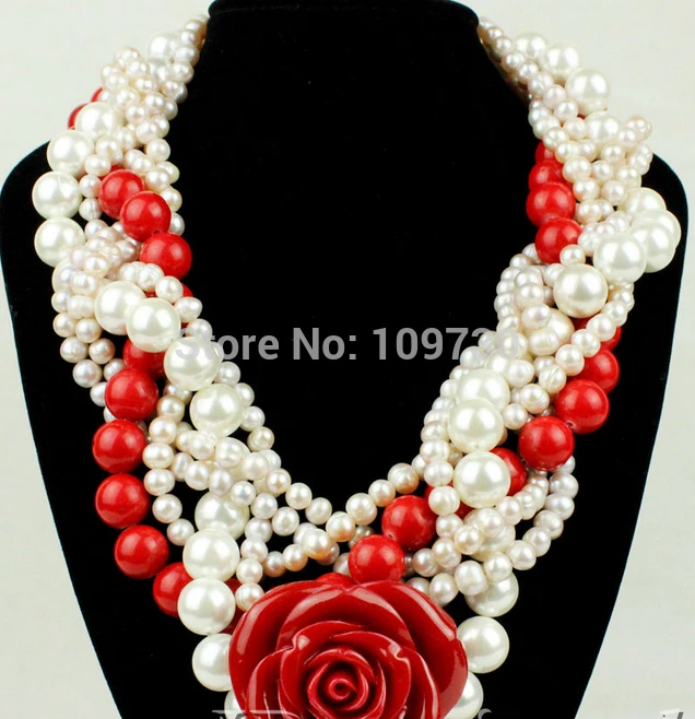 Jewelry 00734 Ahem!!!!! Pearl Coral Flower Necklace/Earring Set (A0516)