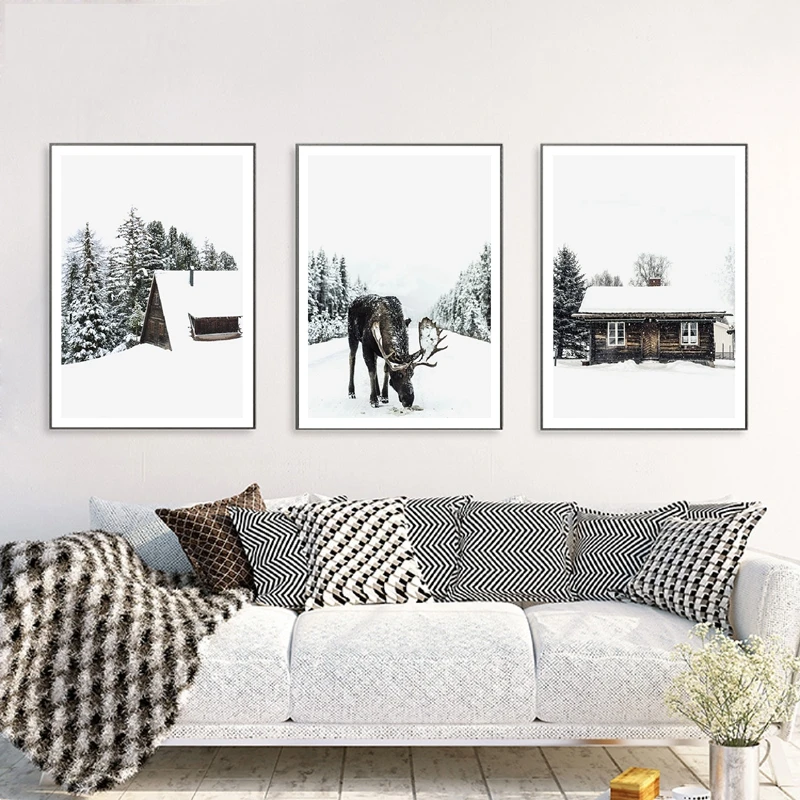 Зимний лес Лось Рождество стены Искусство Холст плакат печать Снег Деревья лес живопись зима фотография Картина декор дома комнаты