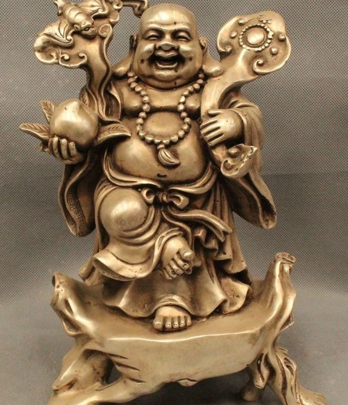 

11" Chinese Buddhism Silver Happy Laugh Maitreya Buddha Bat Peach Ru Yi Statue
