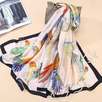 

Summer spring women long silk scarves parrot printed slik large satin silk scarf for ladies fashionable travel beach shawl Wraps