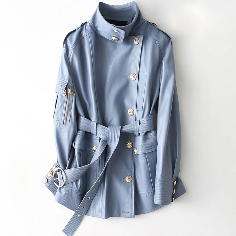 

Genuine leather coat women spring autumn sheepskin leather jacket female soft touch with belt free shipping NPI 90312B