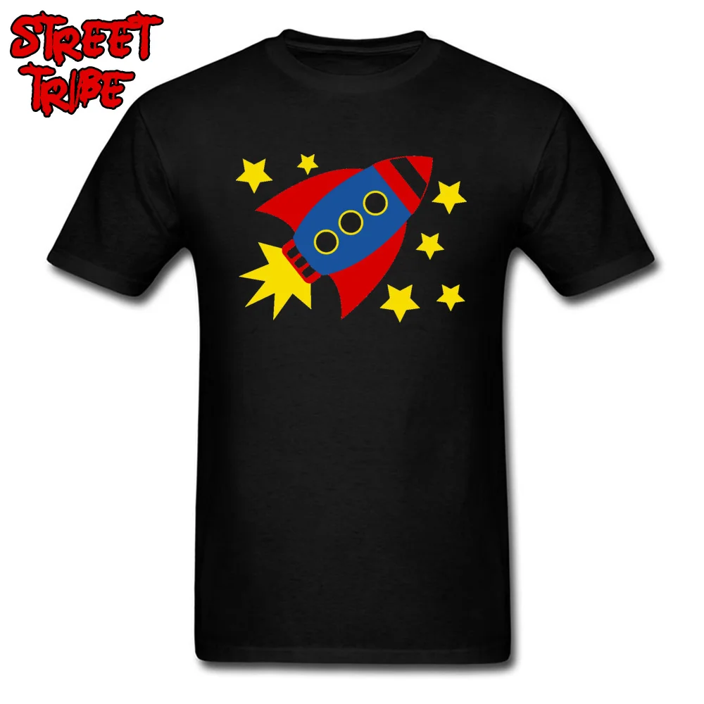 Black T-shirt Men T Shirt Rocket Ship Print Tops Cotton Tees Mens Cartoon Tshirts Crew Neck Simple Clothes Old School Trend