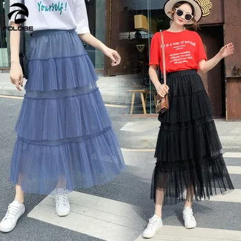 

FOLOBE Spring And Autumn Skirt Tulle Skirts Womens Korean Fashion Elastic High Waist White Pleated Cake Skirt