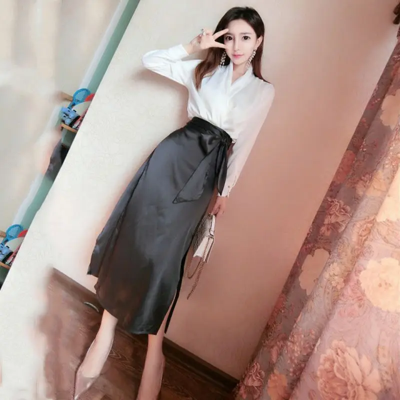 

New Fashion Women Korean OL Two-Piece Set Ladies Blouse Top And Split Skirt Suits Female Satin Silk Outfits Clothes Sets F160