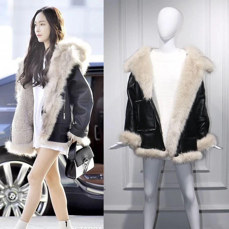 

2018 Winter Woman PU Leather Fake Fox Fur Patchwork Coats Faux Leather Jackets Plus Size Loose Outerwear Lamb Wool Coat W1521