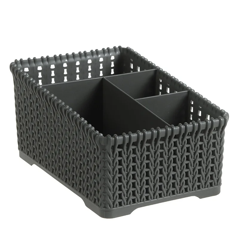 Rattan Cosmetic Storage Box Plastic Makeup Organizer Home Office Desk Storage Brush Holder Case Sundries Basket Object Container - Цвет: dark gray-large