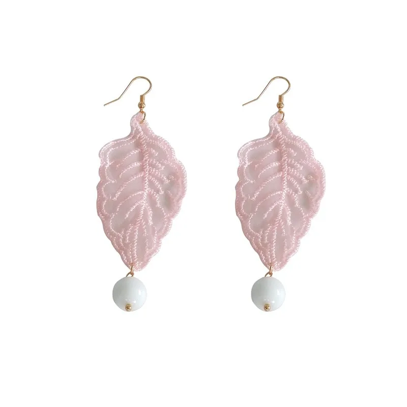 

Bilandi New Japan and South Korea Pink Lace Earrings Hand Earrings Pink Lace Imitation Pearl Pendant Jewelry