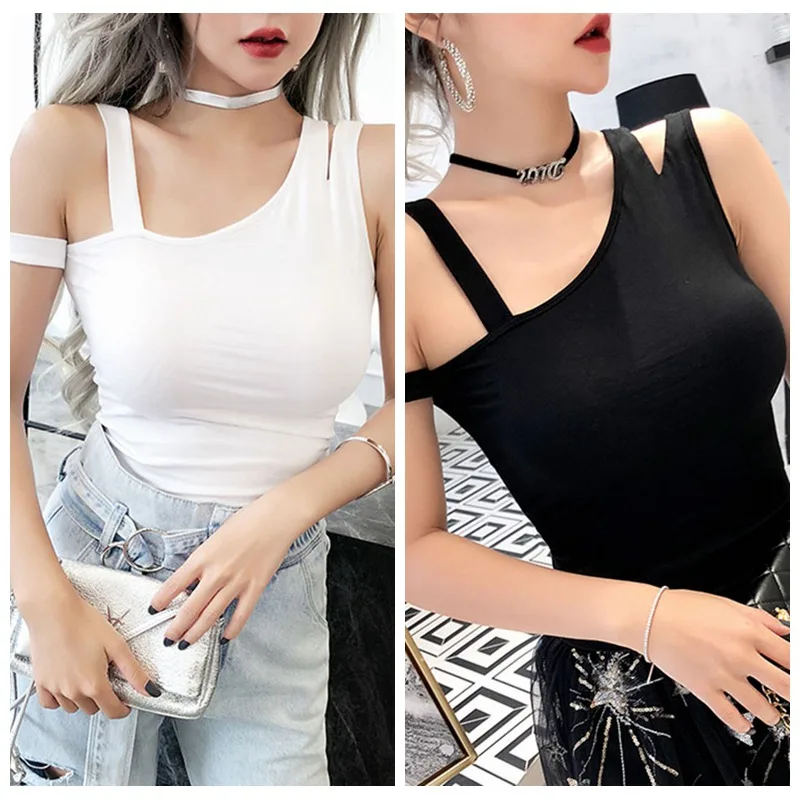 

Women T-Shirts Women's Asymmetrical Collar Cold Shoulder Sleeveless T-Shirt Women Clothes