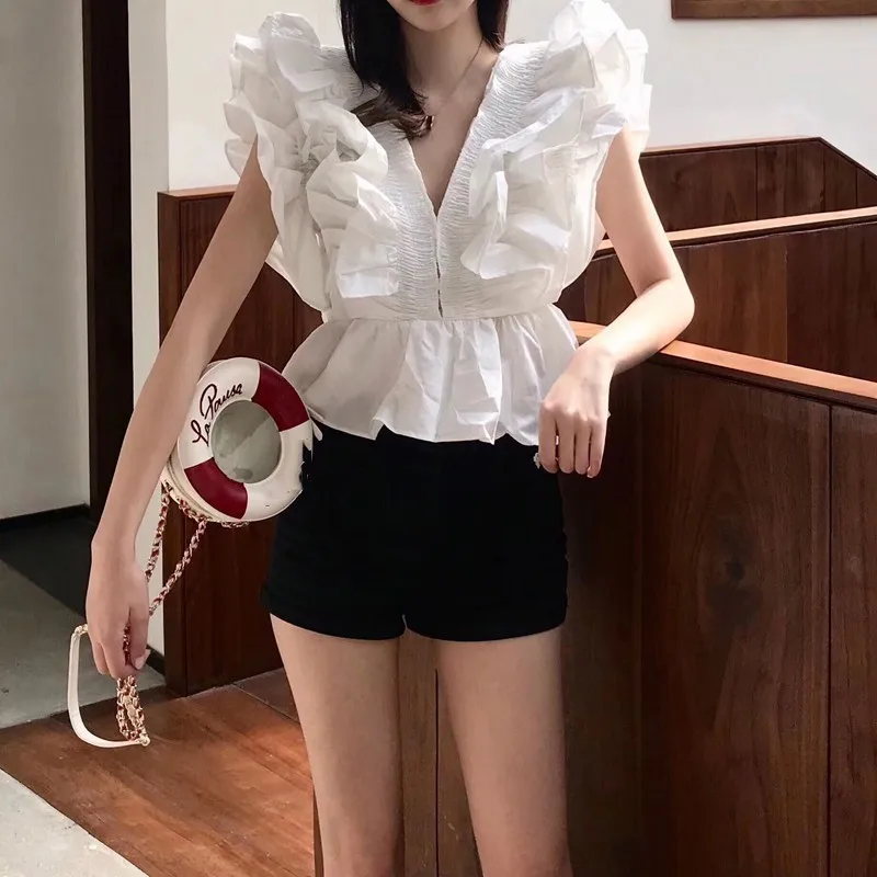 TWOTWINSTYLE-Summer-Ruffle-Patchwork-Womens-Shirts-Blouse-V-Neck-Sleeveless-Tunic-Short-Tops-Female-Korean-Fashion