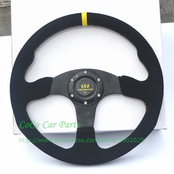 

Free Shipping LYJ Flat Style Racing Steering Wheel Suede Universal Car Steering Wheel 350mm With yellow stitching