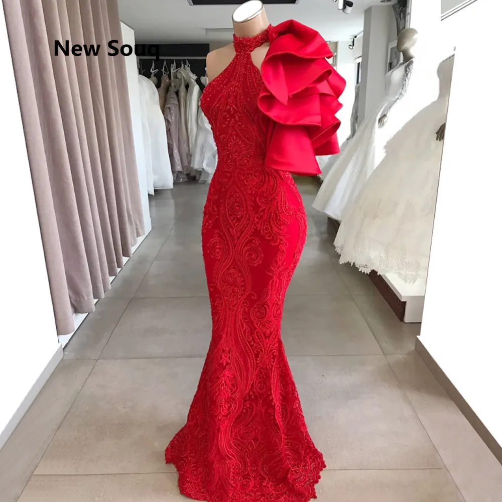 

Red High Neck Sleeveless Evening Dresses Chic Applique Lace Sexy Long Prom Dress Custom Made Evening Gowns Abendkleider