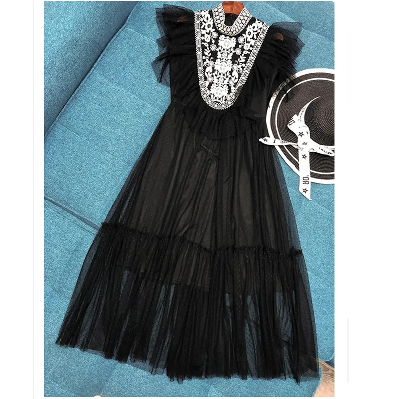 

Luxury Brand Designer Dress for Women Summer Stand Collar Embroidered Contrast Stitching Mesh Lace Dress Black White