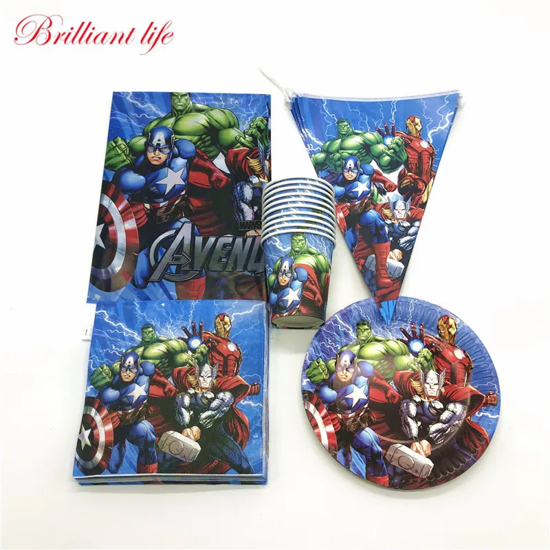 

51pcs/lot Avengers Theme Child Birthday Party Paper Cup/Plate/Napkin Wedding Banner Table Cloth Print Avengers Character Supply