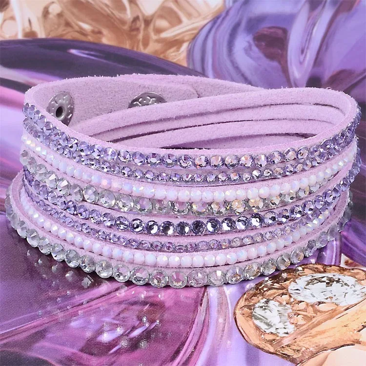 Новое поступление, кожаный браслет со стразами, браслет с кристаллами, многослойные браслеты для женщин, женские браслеты Mulher, ювелирное изделие - Окраска металла: LT purple
