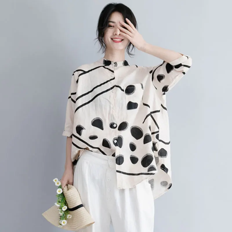 F&JE New Spring Women Shirts Plus Size Long Sleeve Cotton Linen Button Casual Shirts Vintage Polka Dot Print Vintage Blouses P11 satin blouse