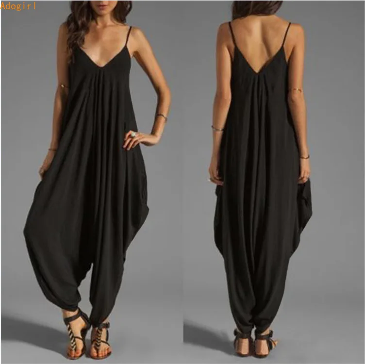 

low cut V neck sexy gallus jumpsuits loose casual beach leggings