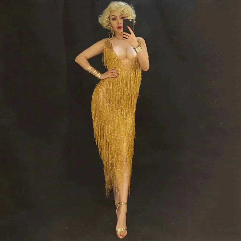 

Golden Tassel Rhinestone Dress Stage Dance Wear Sexy Nightclub Prom Dancing Costume One-Piece Outfit Performance Clothing DJ320