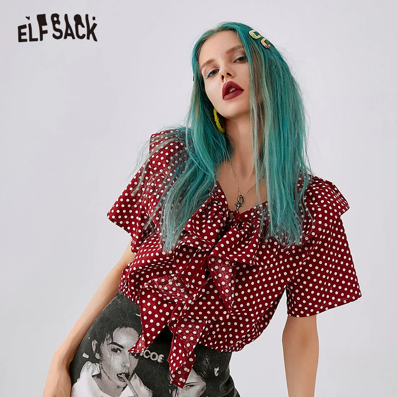 

ELF SACK Dot Cotton Sexy V-Neck Women Shirts 2019 Summer New Ruffles Blouses Fashion Crop Top Elegant Burgundy Woman Clothing