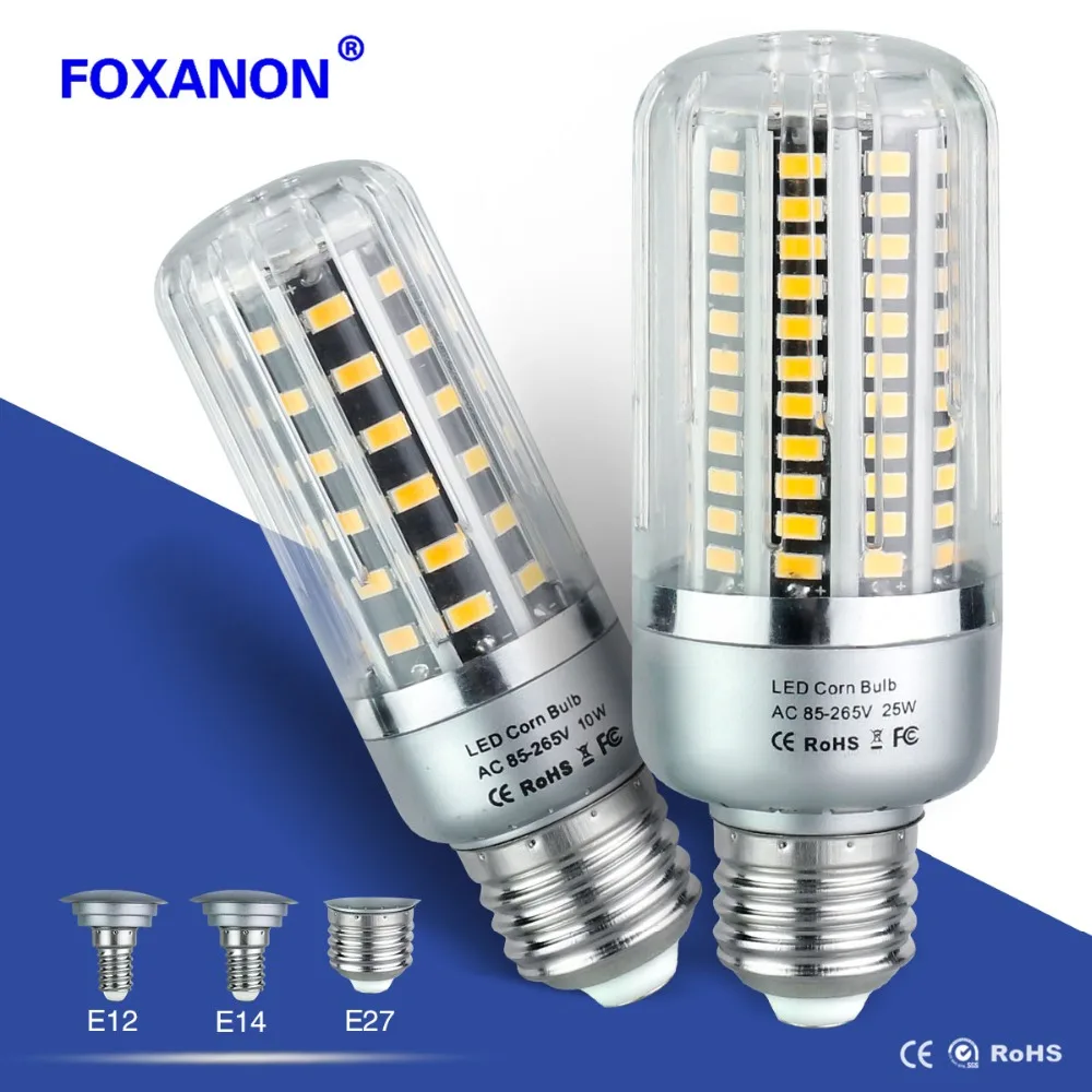 Foxanon E27 E14 E12 светодиодная кукурузная лампа 25 Вт 20 15 10 5 Светодиодная AC85 265V 220В/110В 5736
