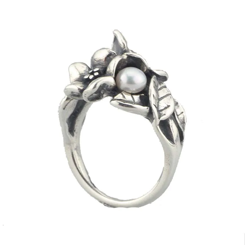 

Hawthorn With Pearl Ring 925 Sterling Silver Troll Style Flowers With Leafs Rings Woman DIY Charms Beads Jewelry Inner Size 16mm