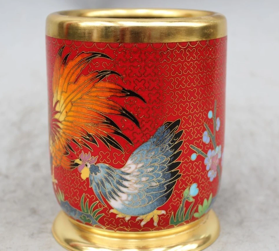 

5"Marked Chinese Dynasty Cloisonne Bronze Two rooster pencil vase Pot Statue