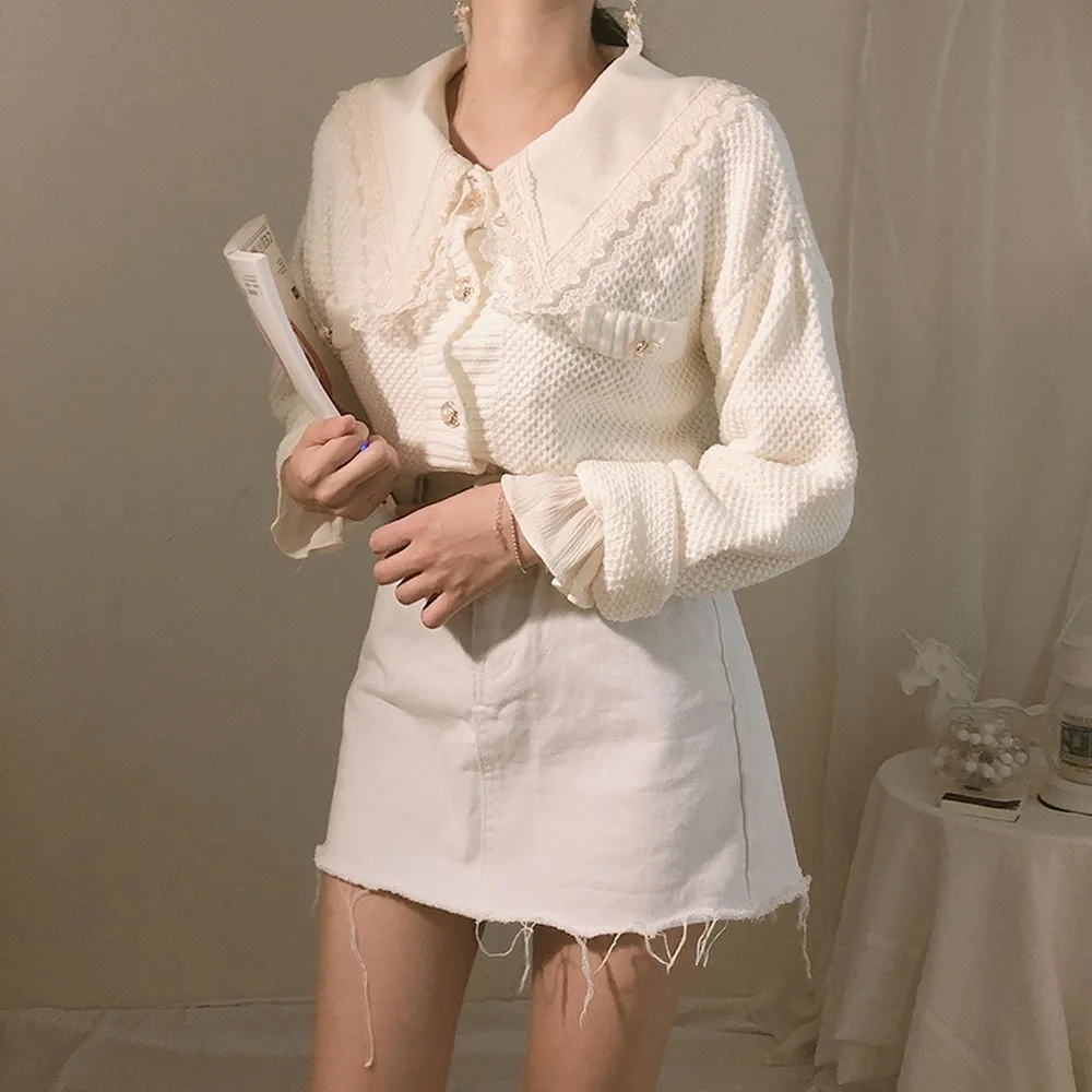 Кружевная рубашка с расклешенными рукавами и отложным воротником на пуговицах, милая Студенческая винтажная женская рубашка с оборками на осень, женская блузка, сорочка