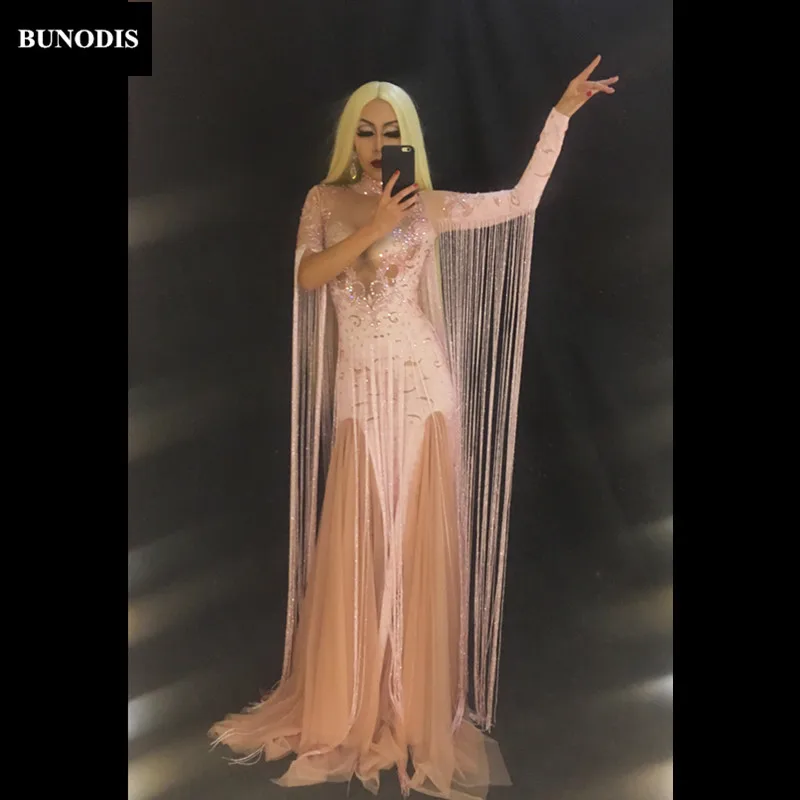 Performance Chanteur Costume Longue Gland Blanc Porter Bu115 Bu115 Sexy Jupe 1 Rose bu115 Femmes Nightclub Stage Danseur Cristaux Mousseux 4OPAnqc