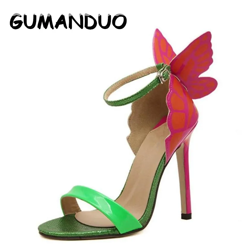 

GUMANDUO New Explosion Models NEW Women Sophia Webster Colorful Butterfly Heeled Sandals Pumps 11.5 cm Thin Heel Peep Toe Shoes