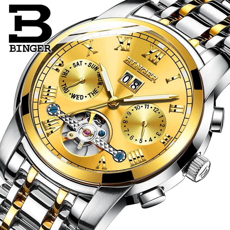 Роскошные золотые часы для мужчин швейцарские механические BINGER Tourbillon