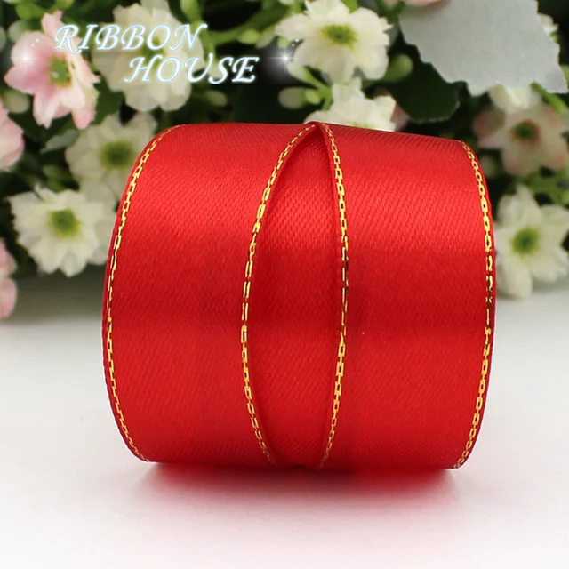 (25 yards/lot) 3/4'' (20mm) satin ribbons red gold edge ribbon