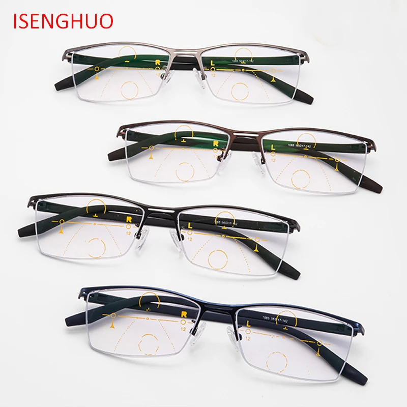 

ISENGHUO Progressive Multifocal Reading Glasses Men Points for Reader Near Far sight Bifocal glasses Tr90 temple diopter 1-3