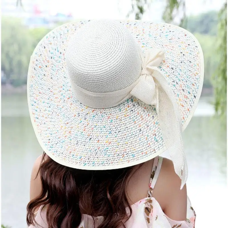 Summer Straw Hat Women Big Wide Brim Beach Hat Foldable Sun Block UV Protection
