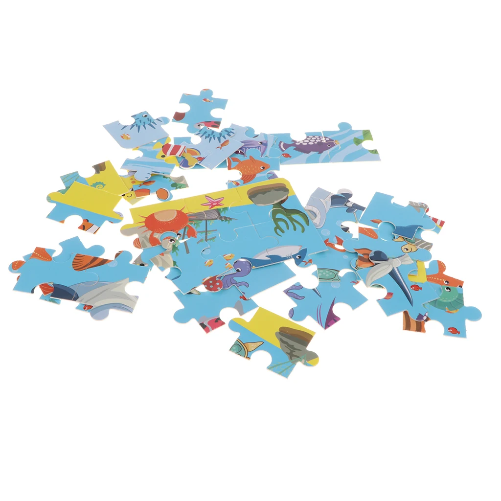 3 in One Magnetic Fishing Game Toy, 20 Wooden Fish Animal Model & 2 poles with Ocean Jigsaw Puzzle Board Educational Pretend Toy