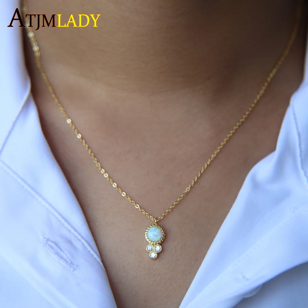

2018 high quality fire opal clear sparking cz stone 100% 925 Sterling silver round pendant delicate thin silver chain necklace