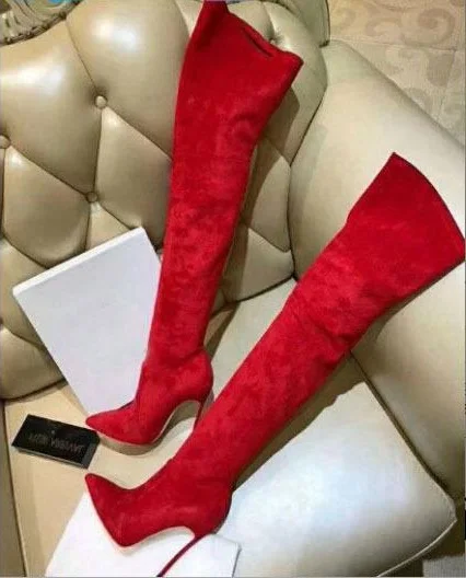 Большие размеры 45, красные, черные ботфорты выше колена женские высокие сапоги из эластичной ткани с острым носком и металлическим каблуком на заказ