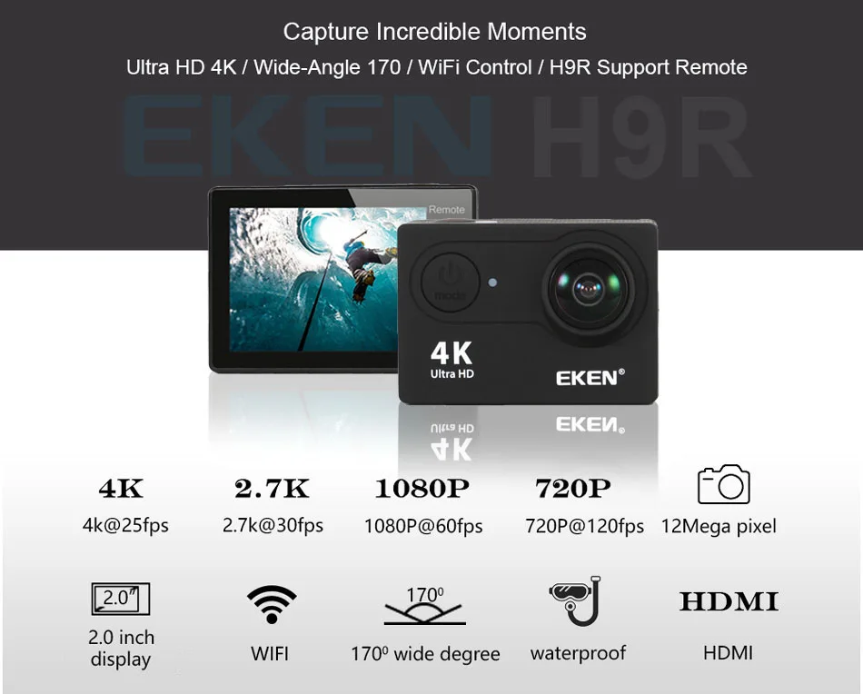 Оригинальная Экшн-камера eken H9/H9R 4K Ultra HD 1080 p/60fps, мини камера на шлем, WiFi, 2,0 дюйма, 170D, водонепроницаемая Спортивная камера