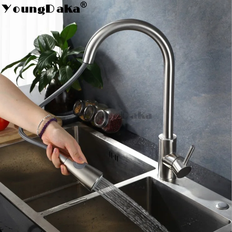 

Kitchen Hot&Cold Water Mixer Tap Nickel Brushed Single Handle Pull Out Sink Tap Chrome Swivel Mixer Water Sprayer