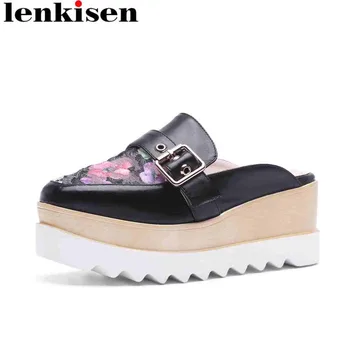 

Lenkisen flowers square toe slip on high wedges bottom cow leather mesh plus size metal buckle decoration mules women pumps L53
