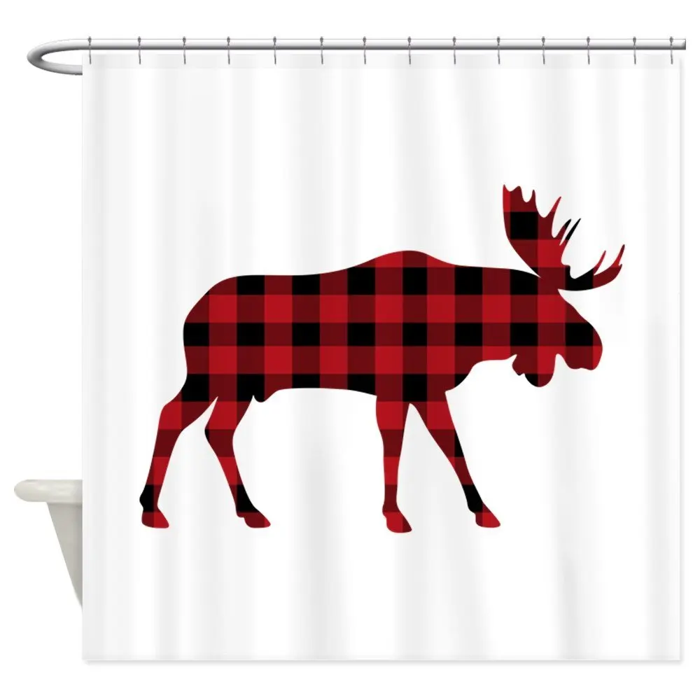 Plaid Moose Animal Silhouette Decorative Fabric Shower Curtain