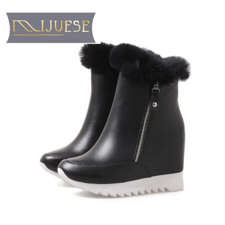 

MLJUESE 2019 women Mid calf boots cow leather zippers wool fur warm winter platform wedges short plush women snow boots