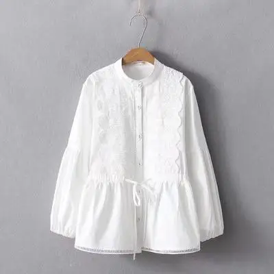 Весенняя однотонная белая блузка с вышивкой и стоячим воротником и длинными рукавами для девочек, рубашка, топ, 641 rx - Цвет: Белый