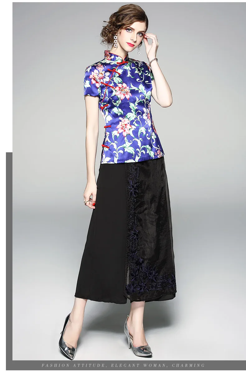 Чонсам Топ Лето 2018 высокого класса роскошный печати натурального шелка Китайский традиционный костюм рубашки шорты рукав блузки для