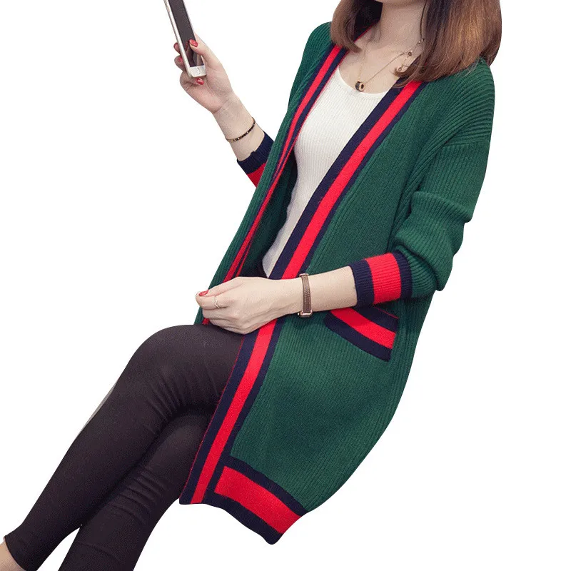 أحدث هذه المرأة سترة معطف الخريف الشتاء كم طويل التباين مخطط سترة محبوك عارضة فضفاض جيب سترة 2019 الأزياء